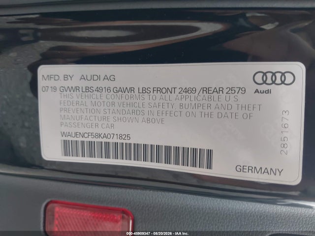 Aukcja sprzedaży 2019 Audi A5 45 Premium, vin: WAUENCF58KA071825, numer aukcji: 45909347