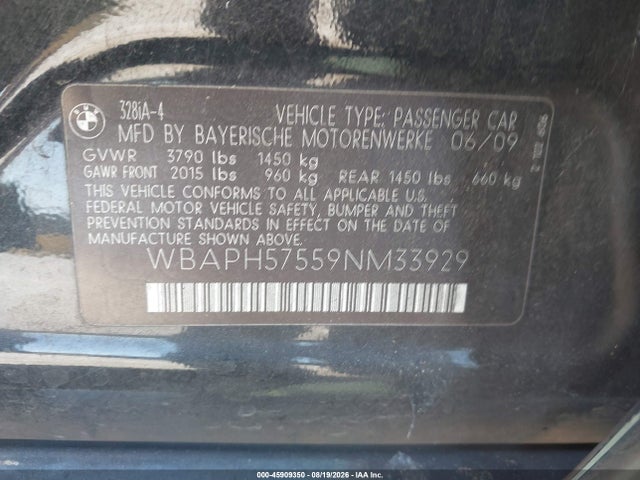 2009 Bmw 328i მანქანა იყიდება აუქციონზე, vin: WBAPH57559NM33929, აუქციონის ნომერი: 45909350