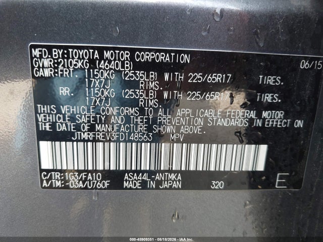 2015 Toyota Rav4 Xle მანქანა იყიდება აუქციონზე, vin: JTMRFREV3FD148563, აუქციონის ნომერი: 45909351