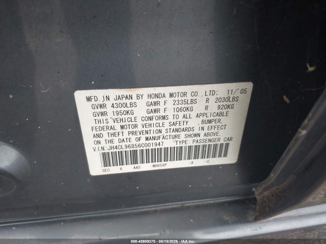 45909370 :رقم المزاد ، JH4CL96856C001947 vin ، 2006 Acura Tsx مزاد بيع