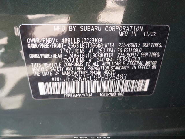 Aukcja sprzedaży 2023 Subaru Forester Premium, vin: JF2SKAEC9PH425483, numer aukcji: 45909382