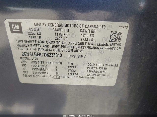 45909385 :رقم المزاد ، 2GNALBEK7D6223013 vin ، 2013 Chevrolet Equinox Ls مزاد بيع