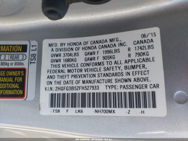 Продаж на аукціоні авто 2015 Honda Civic Lx, vin: 2HGFG3B52FH527933, номер лоту: 45909390
