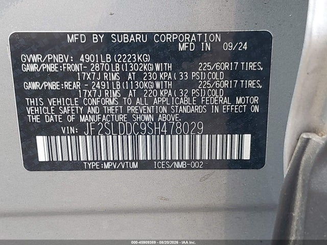 2025 Subaru Forester Premium მანქანა იყიდება აუქციონზე, vin: JF2SLDDC9SH478029, აუქციონის ნომერი: 45909389