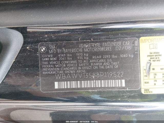 2008 Bmw 328i მანქანა იყიდება აუქციონზე, vin: WBAWV13588P119522, აუქციონის ნომერი: 45909397