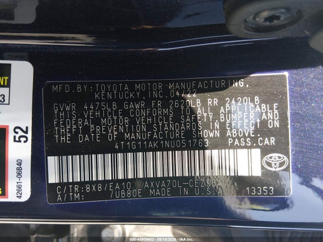 45909403 :رقم المزاد ، 4T1G11AK1NU051763 vin ، 2022 Toyota Camry Se مزاد بيع