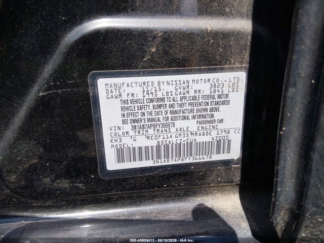 2015 Nissan Sentra S მანქანა იყიდება აუქციონზე, vin: 3N1AB7AP8FY366678, აუქციონის ნომერი: 45909413