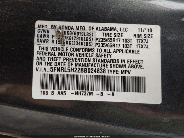 Продажа на аукционе авто 2011 Honda Odyssey Lx, vin: 5FNRL5H22BB024838, номер лота: 45909426