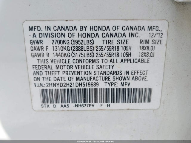 2013 Acura Mdx მანქანა იყიდება აუქციონზე, vin: 2HNYD2H21DH519689, აუქციონის ნომერი: 45909433