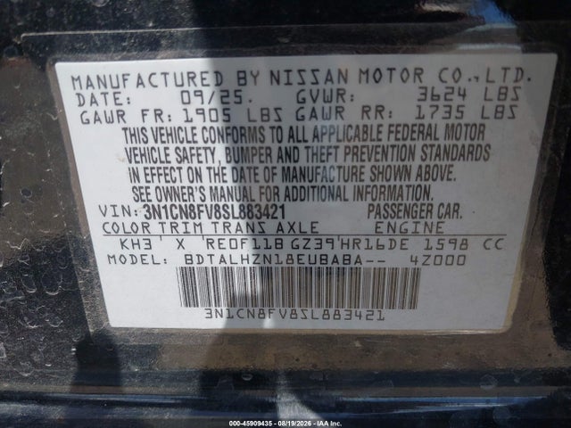 Aukcja sprzedaży 2025 Nissan Versa 1.6 Sr, vin: 3N1CN8FV8SL883421, numer aukcji: 45909435