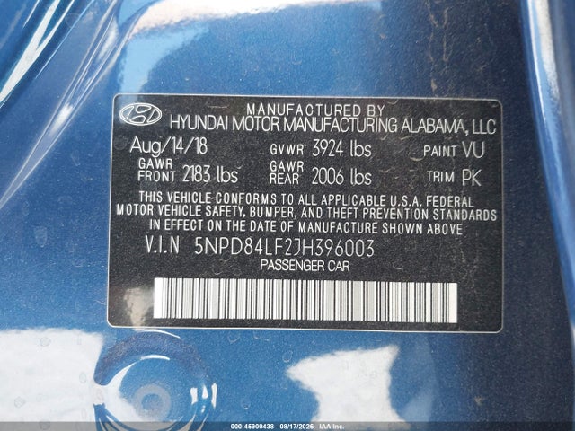 Продаж на аукціоні авто 2018 Hyundai Elantra Sel, vin: 5NPD84LF2JH396003, номер лоту: 45909438