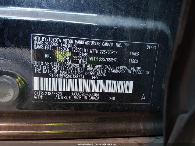45909480 :رقم المزاد ، 2T3H1RFV5MC138224 vin ، 2021 Toyota Rav4 Le مزاد بيع