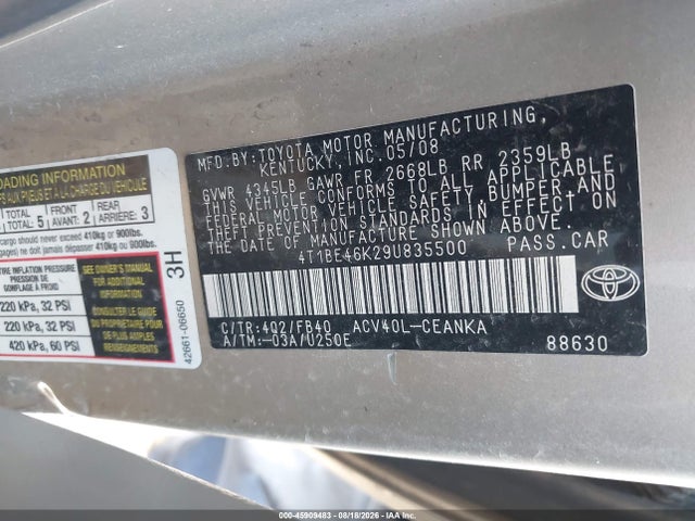 Продаж на аукціоні авто 2009 Toyota Camry Le, vin: 4T1BE46K29U835500, номер лоту: 45909483