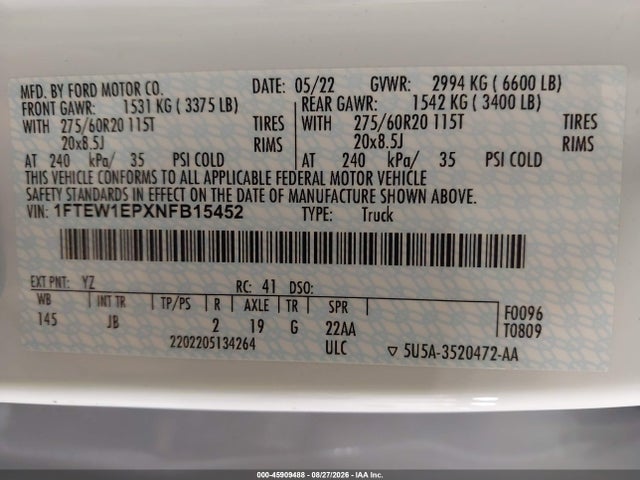 Aukcja sprzedaży 2022 Ford F-150 Xl, vin: 1FTEW1EPXNFB15452, numer aukcji: 45909488