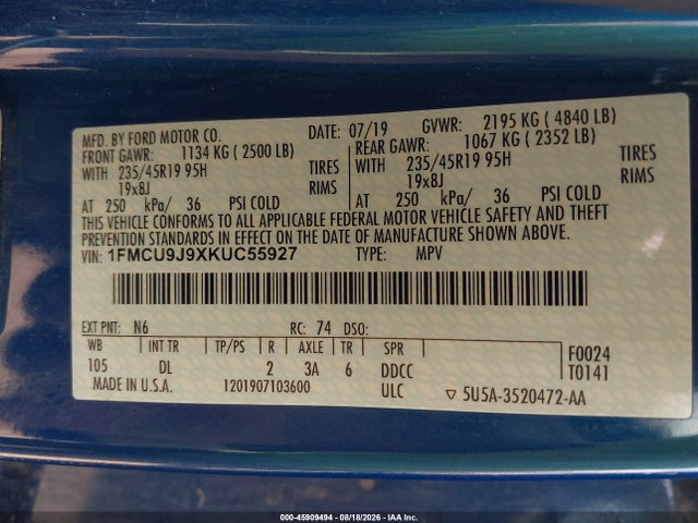 2019 Ford Escape Titanium მანქანა იყიდება აუქციონზე, vin: 1FMCU9J9XKUC55927, აუქციონის ნომერი: 45909494