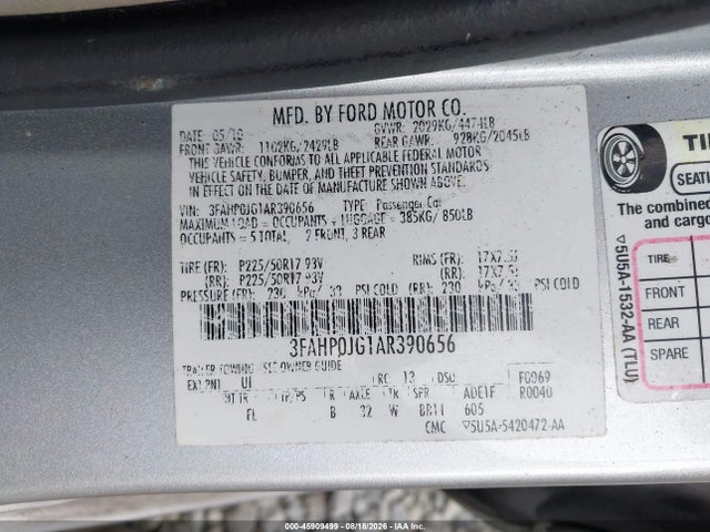 Продаж на аукціоні авто 2010 Ford Fusion Sel, vin: 3FAHP0JG1AR390656, номер лоту: 45909499