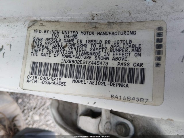 45909500 :رقم المزاد ، 1NXBB02E2TZ445473 vin ، 1996 Toyota Corolla Dx مزاد بيع
