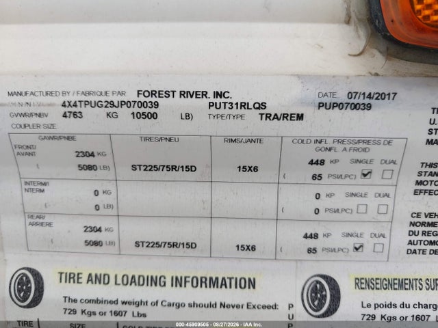 Auction sale of the 2018 Other Other, vin: 4X4TPUG29JP070039, lot number: 45909505