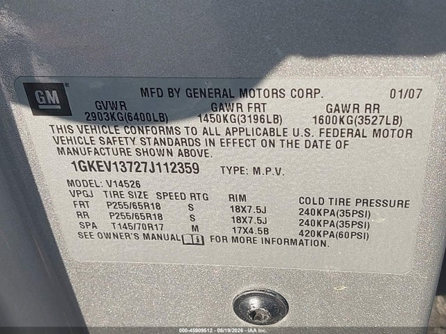 Продаж на аукціоні авто 2007 Gmc Acadia Sle-1, vin: 1GKEV13727J112359, номер лоту: 45909512