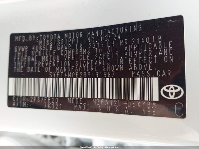Продаж на аукціоні авто 2024 Toyota Corolla Xse, vin: 5YFT4MCE2RP191987, номер лоту: 45909515
