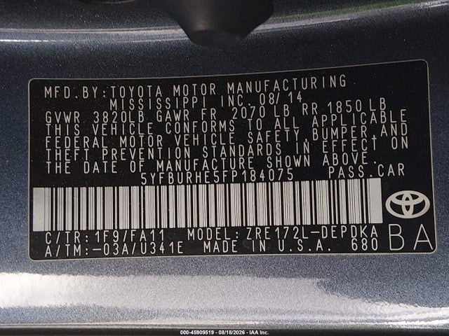 Toyota COROLLA L 2015 5YFBURHE5FP184075 Image 9