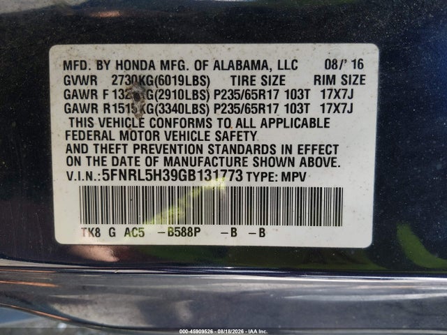 5FNRL5H39GB131773 Honda ODYSSEY SE
