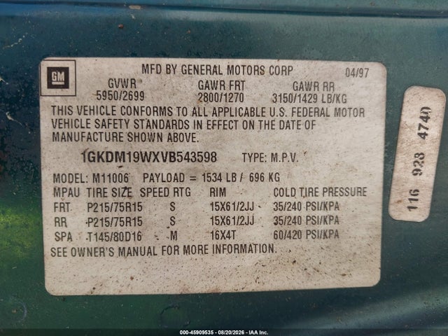 45909535 :رقم المزاد ، 1GKDM19WXVB543598 vin ، 1997 Gmc Safari Passenger Slx Cmi مزاد بيع