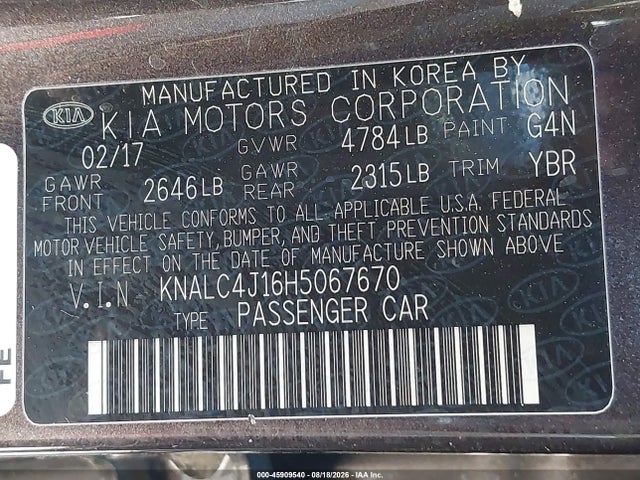 Aukcja sprzedaży 2017 Kia Cadenza Limited, vin: KNALC4J16H5067670, numer aukcji: 45909540