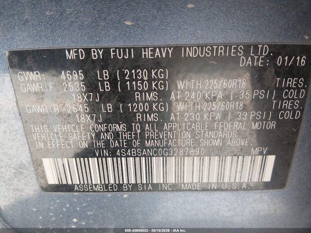 Subaru Outback 2.5i Limited 2016 4S4BSANC0G3287890 Image 9