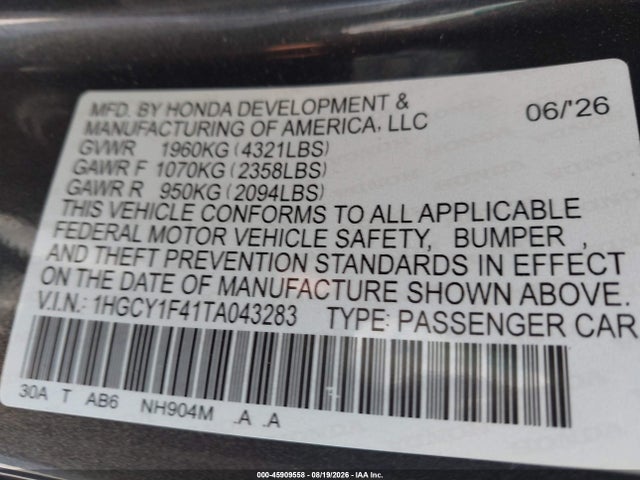 1HGCY1F41TA043283 Honda ACCORD SE