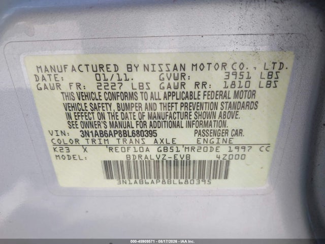 2011 Nissan Sentra 2.0sl მანქანა იყიდება აუქციონზე, vin: 3N1AB6AP8BL680395, აუქციონის ნომერი: 45909571