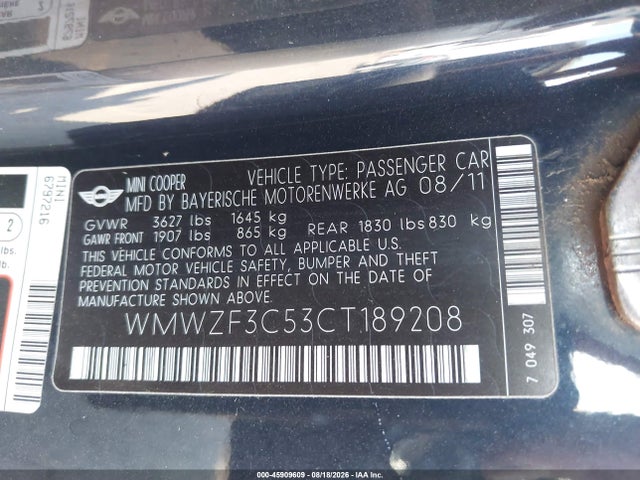 2012 Mini Cooper Clubman მანქანა იყიდება აუქციონზე, vin: WMWZF3C53CT189208, აუქციონის ნომერი: 45909609