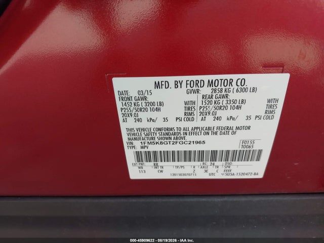 45909622 :رقم المزاد ، 1FM5K8GT2FGC21965 vin ، 2015 Ford Explorer Sport مزاد بيع