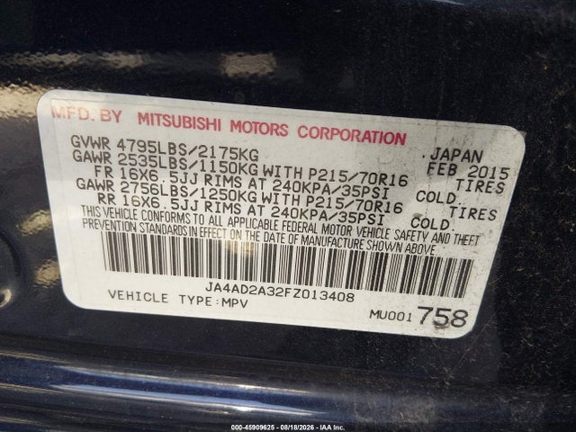 Продаж на аукціоні авто 2015 Mitsubishi Outlander Es, vin: JA4AD2A32FZ013408, номер лоту: 45909625