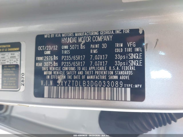 Продаж на аукціоні авто 2013 Hyundai Santa Fe Sport, vin: 5XYZTDLB3DG033089, номер лоту: 45909630