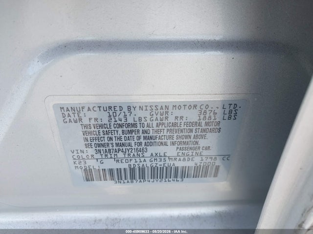 Nissan SENTRA SL 2018 3N1AB7AP4JY216463 Image 9