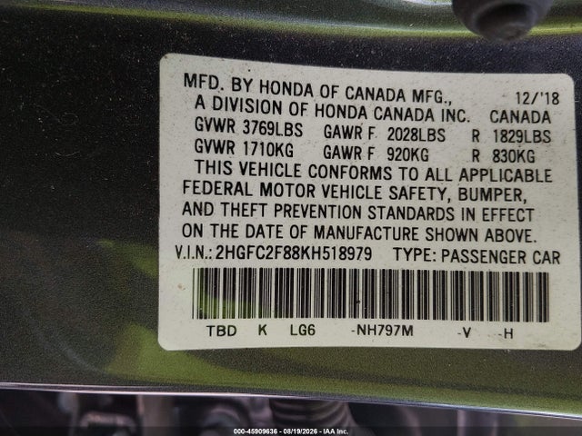 2019 Honda Civic Sport მანქანა იყიდება აუქციონზე, vin: 2HGFC2F88KH518979, აუქციონის ნომერი: 45909636