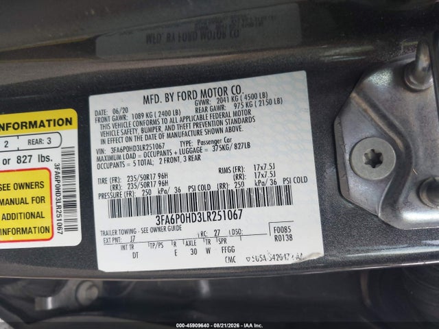 45909640 :رقم المزاد ، 3FA6P0HD3LR251067 vin ، 2020 Ford Fusion Se مزاد بيع