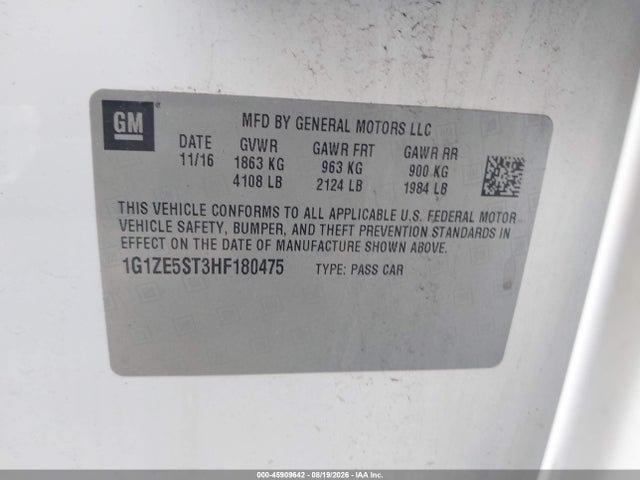 45909642 :رقم المزاد ، 1G1ZE5ST3HF180475 vin ، 2017 Chevrolet Malibu 1lt مزاد بيع