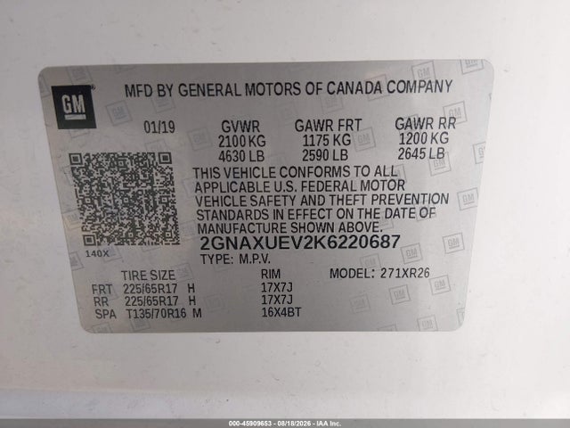Aukcja sprzedaży 2019 Chevrolet Equinox Lt, vin: 2GNAXUEV2K6220687, numer aukcji: 45909653