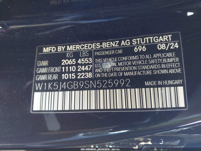 Aukcja sprzedaży 2025 Mercedes-benz Cla 250 Coupe, vin: W1K5J4GB9SN525992, numer aukcji: 45909659