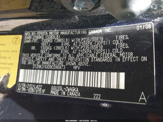45909661 :رقم المزاد ، 2T2HK31U09C096873 vin ، 2009 Lexus Rx 350 مزاد بيع