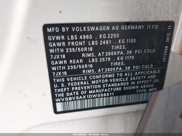 2013 Volkswagen Tiguan Se მანქანა იყიდება აუქციონზე, vin: WVGBV3AX1DW056311, აუქციონის ნომერი: 45909662