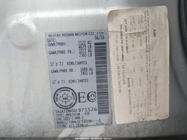 2016 Nissan Rogue S/sl/sv მანქანა იყიდება აუქციონზე, vin: 5N1AT2MV5GC871526, აუქციონის ნომერი: 45909677