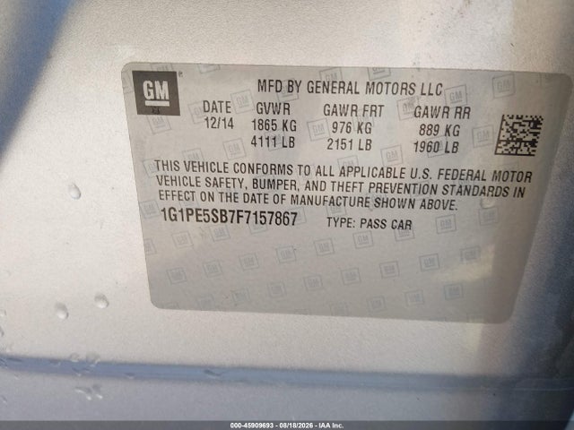 45909693 :رقم المزاد ، 1G1PE5SB7F7157867 vin ، 2015 Chevrolet Cruze 2lt Auto مزاد بيع