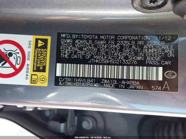 Aukcja sprzedaży 2013 Lexus Ct 200h, vin: JTHKD5BH5D2133276, numer aukcji: 45909705