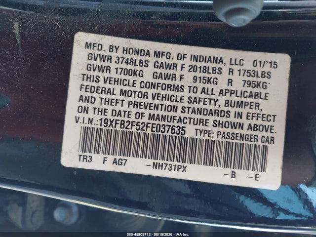 45909712 :رقم المزاد ، 19XFB2F52FE037635 vin ، 2015 Honda Civic Lx مزاد بيع