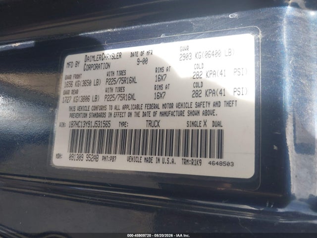 Продаж на аукціоні авто 2001 Dodge Ram 1500 St, vin: 1B7HC13Y91J531565, номер лоту: 45909720
