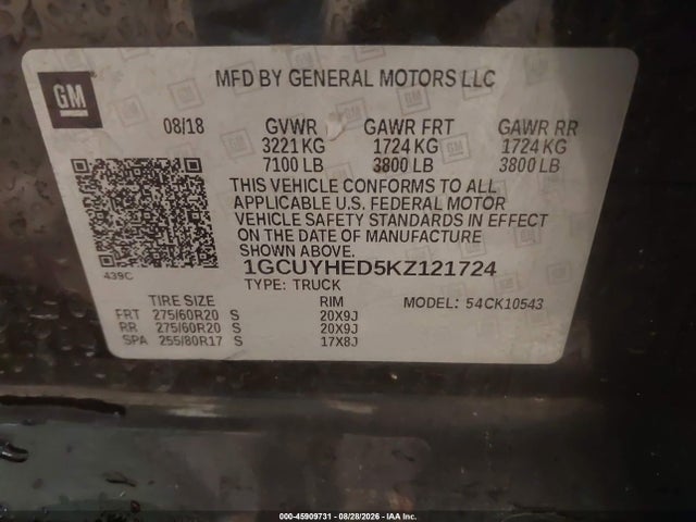 45909731 :رقم المزاد ، 1GCUYHED5KZ121724 vin ، 2019 Chevrolet Silverado 1500 High Country مزاد بيع