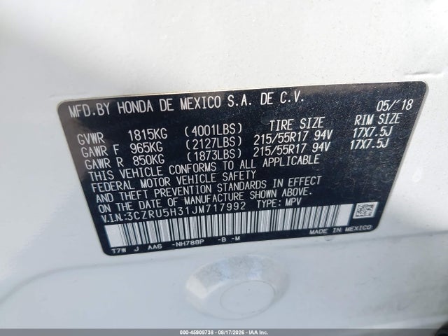 Honda HR-V LX 2018 3CZRU5H31JM717992 Image 9